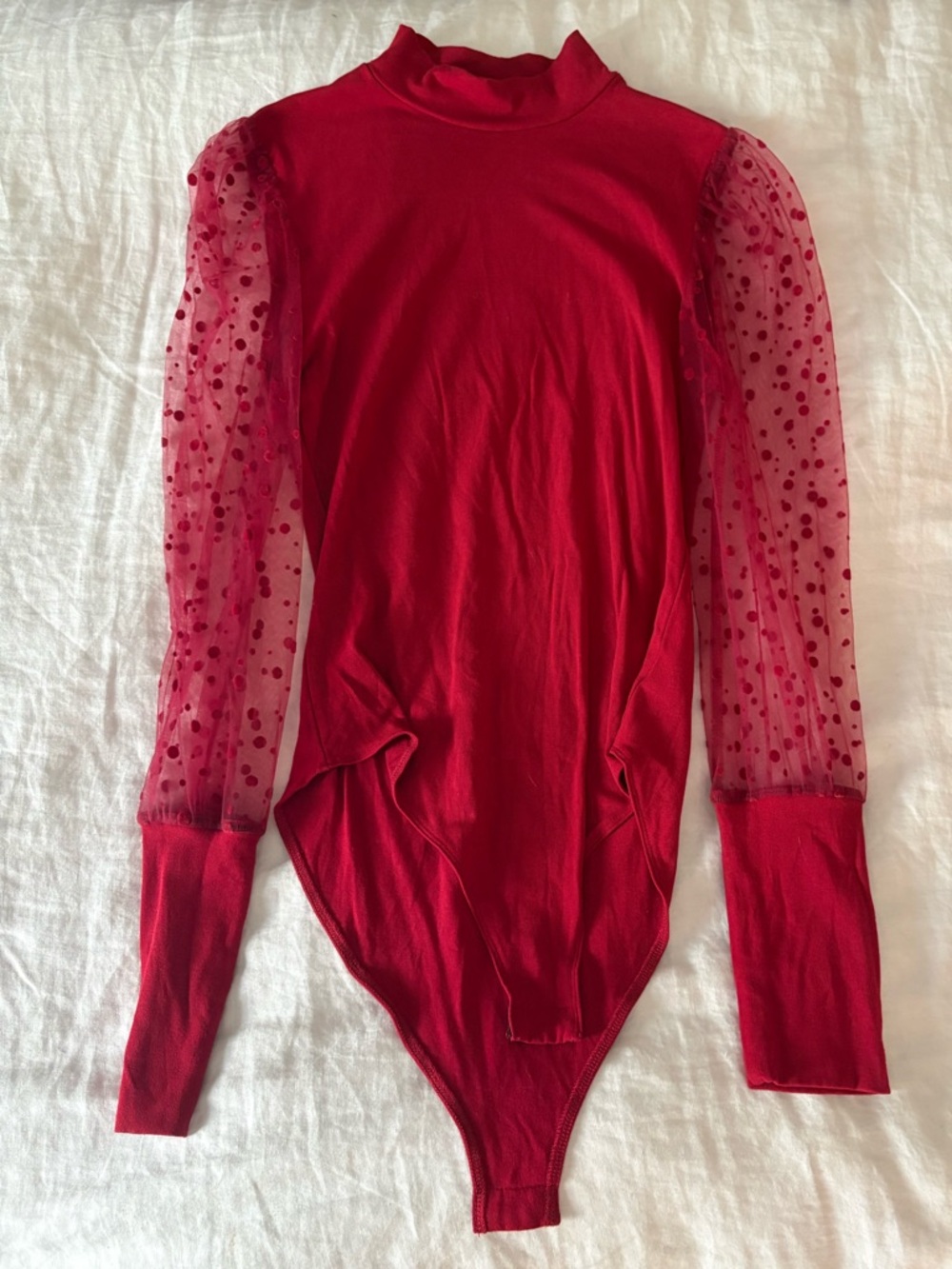 Red Sheer Sleeve Mock Neck Bodysuit - Women